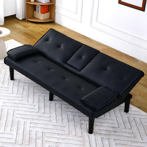 67-Inch Black PVC Multi-Functional Foldable Sofa Bed with Built-In Cup Holder