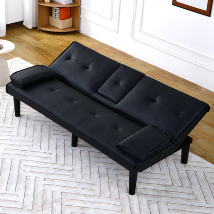67-Inch Black PVC Multi-Functional Foldable Sofa Bed with Built-In Cup Holder
