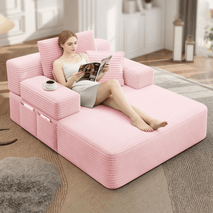 Oversized Baby Pink Corduroy Convertible Sofa Bed w/Storage Pockets