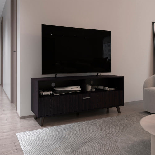 65 Inch Black Modern Patrick TV Stand with Dual Closed Doors & Central Open Storage Shelf