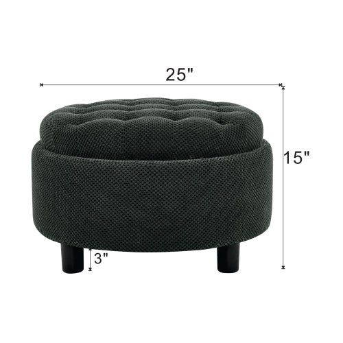 25 Inch Round Storage Ottoman, Dark Grey Tufted Fabric