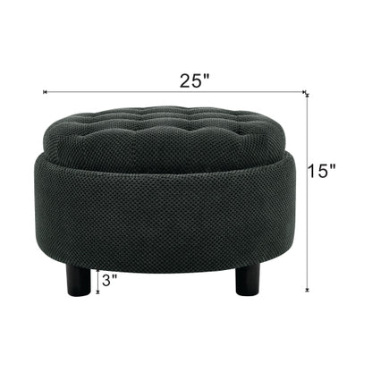 25 Inch Round Storage Ottoman, Dark Grey Tufted Fabric