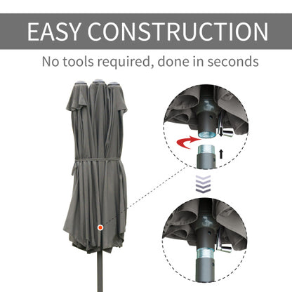 Patio Umbrella 15' Steel Rectangular Outdoor Double Sided Market with base, Sun Protection & Easy Crank for Deck Pool Patio, Dark Gray