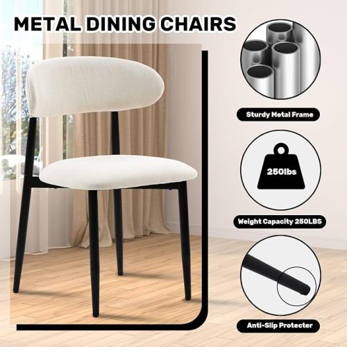 Set of 2 Beige Fabric Metal Dining Chairs, Farmhouse Style Rustic Chairs 250lb Capacity