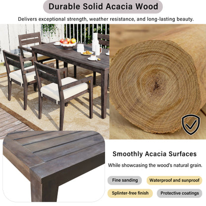 7 Pieces Acacia Wood Outdoor Dining Set with Cushions,Modern 6 Chairs and 1 Large Table, Dining Furniture Set for Lawn, Backyard, Garden Deck,Poolside