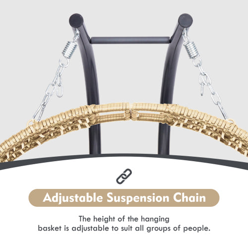 Double Hanging Egg Chair with Stand for Outdoor, Oversized 2 Person Wicker Rattan Swing Chair w/Convertible Armrest for Reclining Seat, All-Weather Cushion and Heavy Duty Frame, 700Lbs Cap. yellow