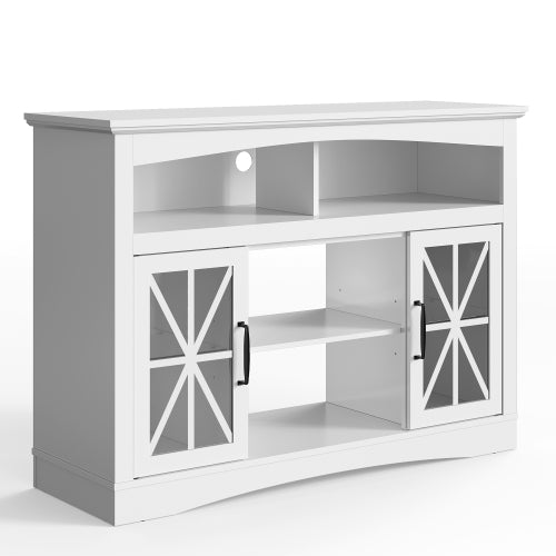 47 Inch White Farmhouse Retro TV Console with Glass Doors, LED Lights & UL Certified Fireplace Space