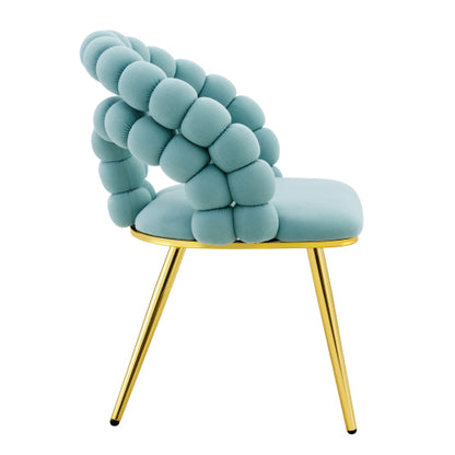 2 Pack Blue Dutch Velvet Dining Chairs, Ball-Chain Bubble Back Chairs with Gold Electroplated Metal Legs