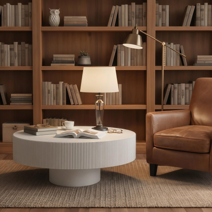White Round Fluted Pedestal Coffee Table, Mid-Century Modern