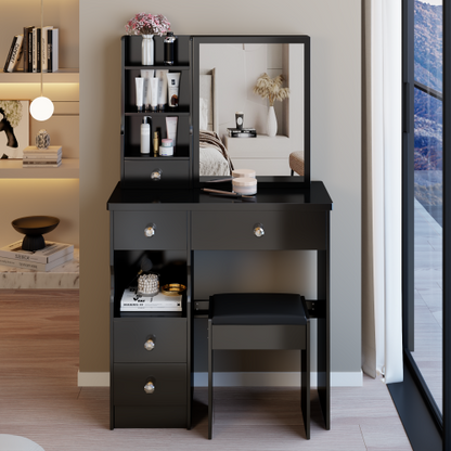 29.2" Small Space Left Drawer Desktop Vanity Table + Cushioned Stool, Extra Large Right sliding mirror, Multi Layer High Capacity Storage, Practical Fashionable Dresser, Suitable For Small Space