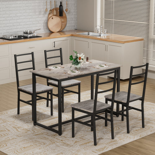 5-Piece Gray & Black Farmhouse Dining Set, MDF & Metal Table with 4 Backrest Chairs