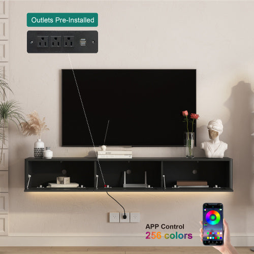 Black Floating Wall Mount High Gloss TV Stand with 16 Color LED Lights & Integrated Power Outlet
