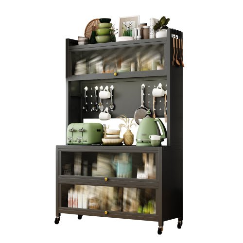 65'' Tall Kitchen Bakers Rack with Flip Door Cabinet, 5 Tier Multifunctional Microwave Stand Buffet, Coffee Bar, Quick Assembly, Gray