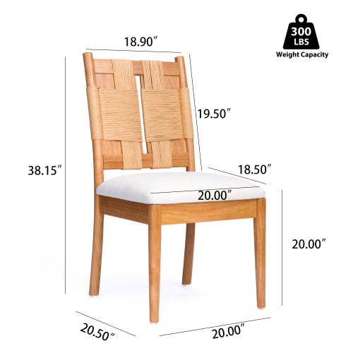 Paper Rope Back Rubberwood Dining Chairs with Linen Seats, Set of 2, Beige/Natural