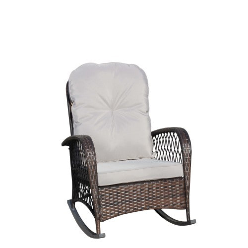 Outdoor Wicker Rocking Chair with Wide Seat, Thick, Soft Cushion, Rattan Rocker w/Steel Frame, High Weight Capacity for Patio, Garden, Backyard, Grey Cushion