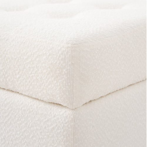 Ivory Tufted Boucle Ottoman with Solid Rubberwood Legs, 350+ LBS Low Profile Multifunctional Accent Stool