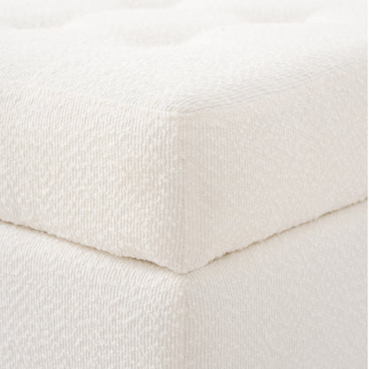 Ivory Tufted Boucle Ottoman with Solid Rubberwood Legs, 350+ LBS Low Profile Multifunctional Accent Stool