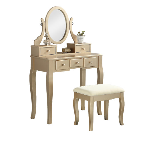 Gold Wood Makeup Vanity Table and Stool Set, 5 Lined Drawers, Adjustable Oval Mirror, 32 inch W