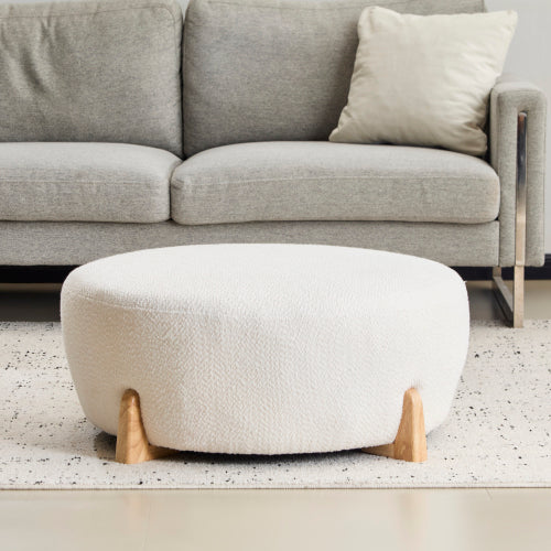 Round Boucle Ottoman, White Upholstered Footrest with Splayed Solid Rubber Wood Legs, Multifunctional Accent Stool