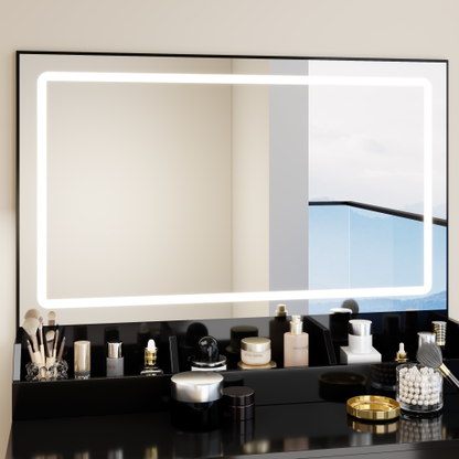 31" x 20" Extra Large LED Mirror Makeup Vanity Table + Soft Cushion Stool Suit, Touch Switch, 3 colors, Adjustable Brightness, Large Capacity Storage, Compact Dressing Table Suitable For Small Space