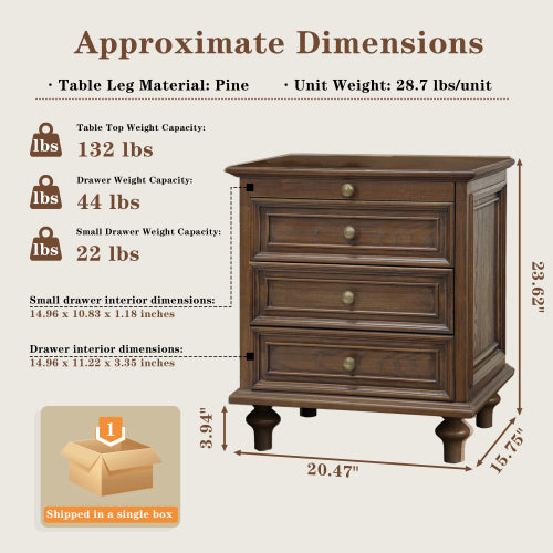 Walnut Brown Farmhouse Nightstand, 4 Drawers with Pull-Out Tray & Solid Wood Legs