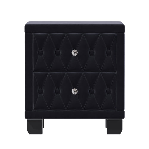 Elegant Velvet Nightstand with 2 Drawers and Crystal Handle, Storage Bedside Table with Button-Tufted, Black