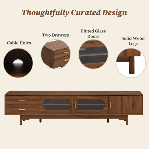 78 inch Modern TV Stand for TVs Up to 85 inch, Fluted Glass Doors Media Console with Drawers