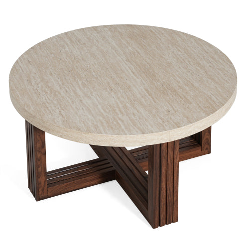 31.5inch  Round Coffee Table Marble Pattern Top Wood Grain Base Modern Accent