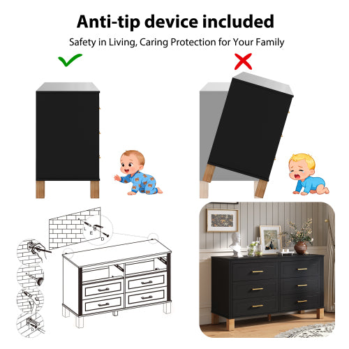 6 Drawer Double Dresser Modern Black Storage Cabinet with Metal Handles Solid Wood Legs