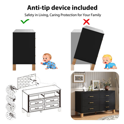 6 Drawer Double Dresser Modern Black Storage Cabinet with Metal Handles Solid Wood Legs