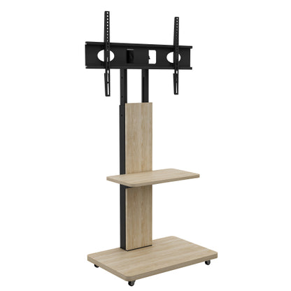 Natural Mobile TV Cart with Lockable Wheels, Height Adjustable Floor TV Stand for 32-75 Inch TV