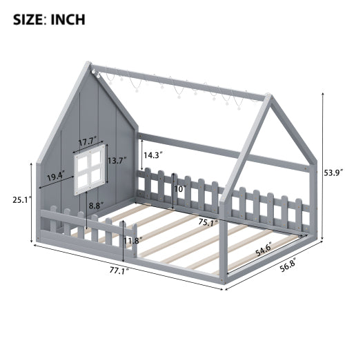 Full Size Wood House Bed with Window and Fence, Gray