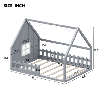 Full Size Wood House Bed with Window and Fence, Gray