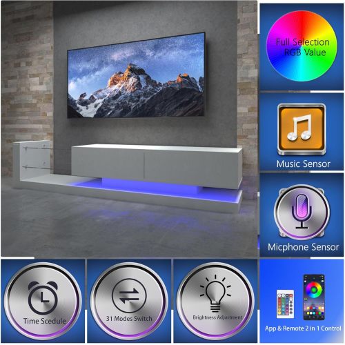 70 Inch White Modern LED TV Stand with Power Outlet Tempered Glass Entertainment Center for 75 Inch TV