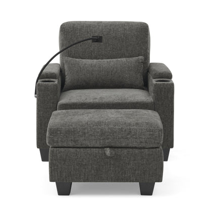Gray Manual-Adjust Recliner Chair with USB, Storage & Ottoman