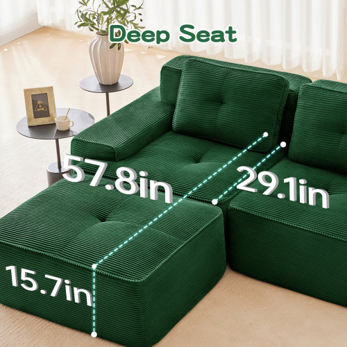 82 inch  Green L-Shaped Corduroy Modular Sofa, Movable Ottoman, No Assembly Required
