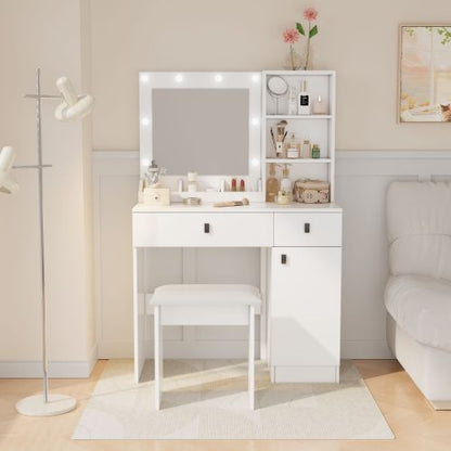 White Vanity Desk with Lights & Mirror, Large Drawers & Three Level Storage, 3 Lights Brightness Adjustable