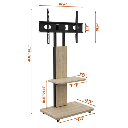 Natural Mobile TV Cart with Lockable Wheels, Height Adjustable Floor TV Stand for 32-75 Inch TV