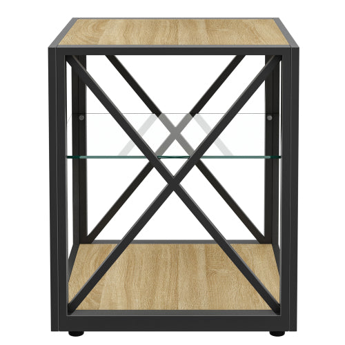 1 piece Modern End Table Nightstand for Bedroom & Living Room, Tempered Glass&Natural Wood MDF Top , Industrial Style Side Table