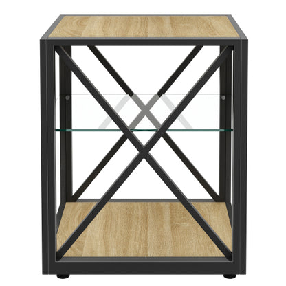 1 piece Modern End Table Nightstand for Bedroom & Living Room, Tempered Glass&Natural Wood MDF Top , Industrial Style Side Table