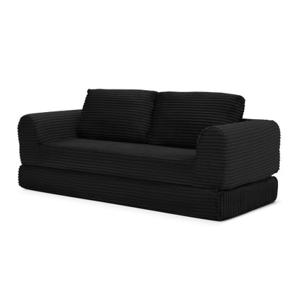 2-in-1 Folding Convertible Sofa Bed, Modern Corduroy Sleeper Couch with 2*pillows, Futon Modular Upholstered Boneless Sofa with Pull-Out Bed,Folding Floor Modular Couch for Living Room Black