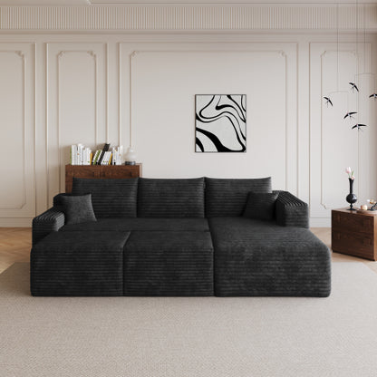 95-Inch Black Plush Corduroy U-Shaped Cloud Sectional Sofa with 2 Ottomans, Deep-Seat Corner Couch No-Assembly for Living-Room