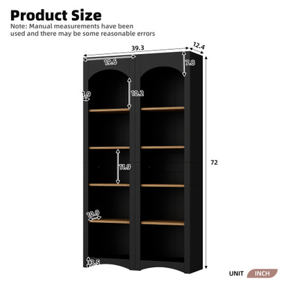 Farmhouse 5-Tier Bookcase Set of 2 with Adjustable Shelves, Black