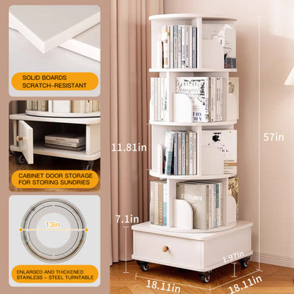 White 5-Tier 360¡ã Rotating Wooden Bookshelf with Single Drawer, Space-Saving Corner Home Organizer