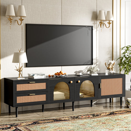 70.8 Inch Black Rattan LED TV Stand Solid Wood Leg Media Console Supports 80 Inch TV