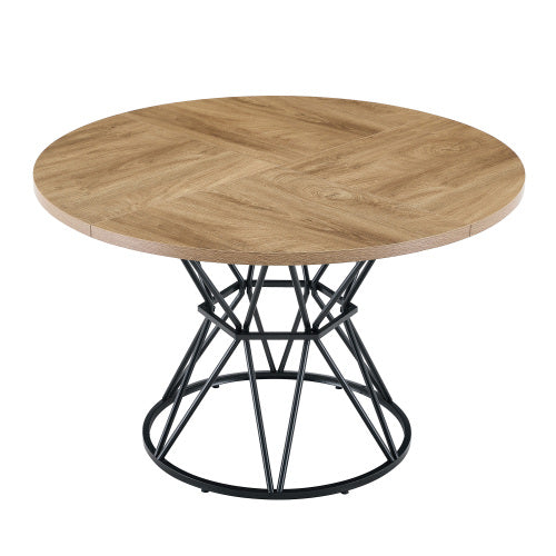 47.3 Inch Light Wood Grain Round Dining Table with Hourglass Metal Bracket for 4-6 People