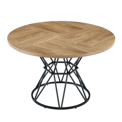 47.3 Inch Light Wood Grain Round Dining Table with Hourglass Metal Bracket for 4-6 People