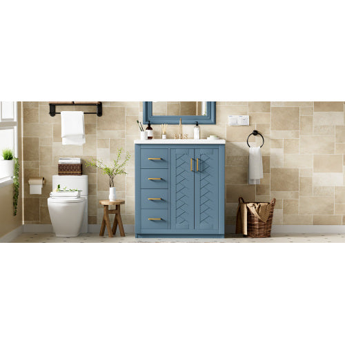 30'' Bathroom Vanity with Ceramic Sink Combo,Solid Wood Frame Bathroom Storage Cabinet, Freestanding Vanity Set with 3 Drawers& Soft Closing Doors
