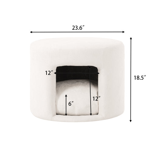 23.6 inch Round Beige Pet-Friendly Ottoman with Hidden Pet Nook, Acacia Legs, 220 LBS Weight Capacity