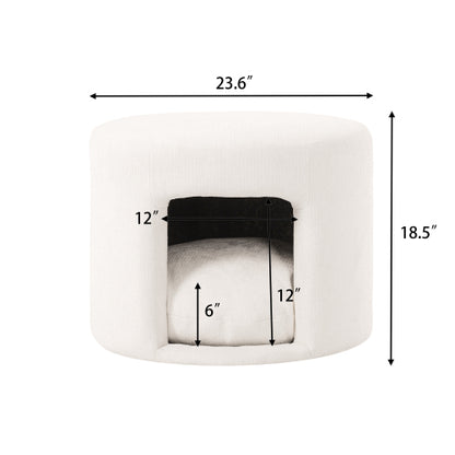 23.6 inch Round Beige Pet-Friendly Ottoman with Hidden Pet Nook, Acacia Legs, 220 LBS Weight Capacity